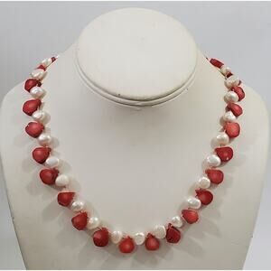 Freshwater Pearl & Teardrop Shaped Red Coral Bead Sterling Silver Necklace 20"